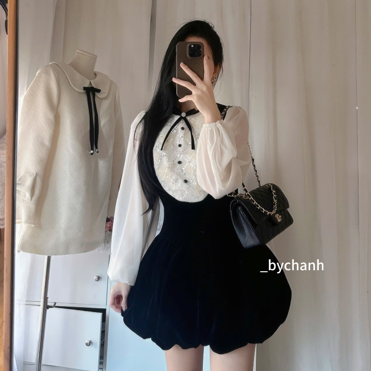 𝐛𝐲𝐂𝐡𝐚𝐧𝐡 - Đầm Nhung Phối Voan