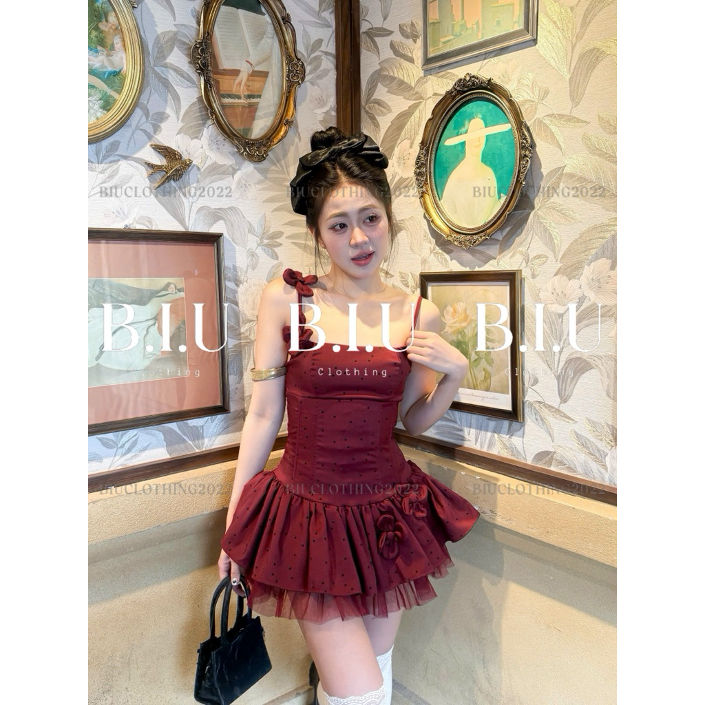 Đầm 2 dây đính hoa hoạ tiết chấm bi phối tà lưới xoè nữ tính sang chảnh Sher Dress Biu Clothing BB0524 | BigBuy360 - bigbuy360.vn