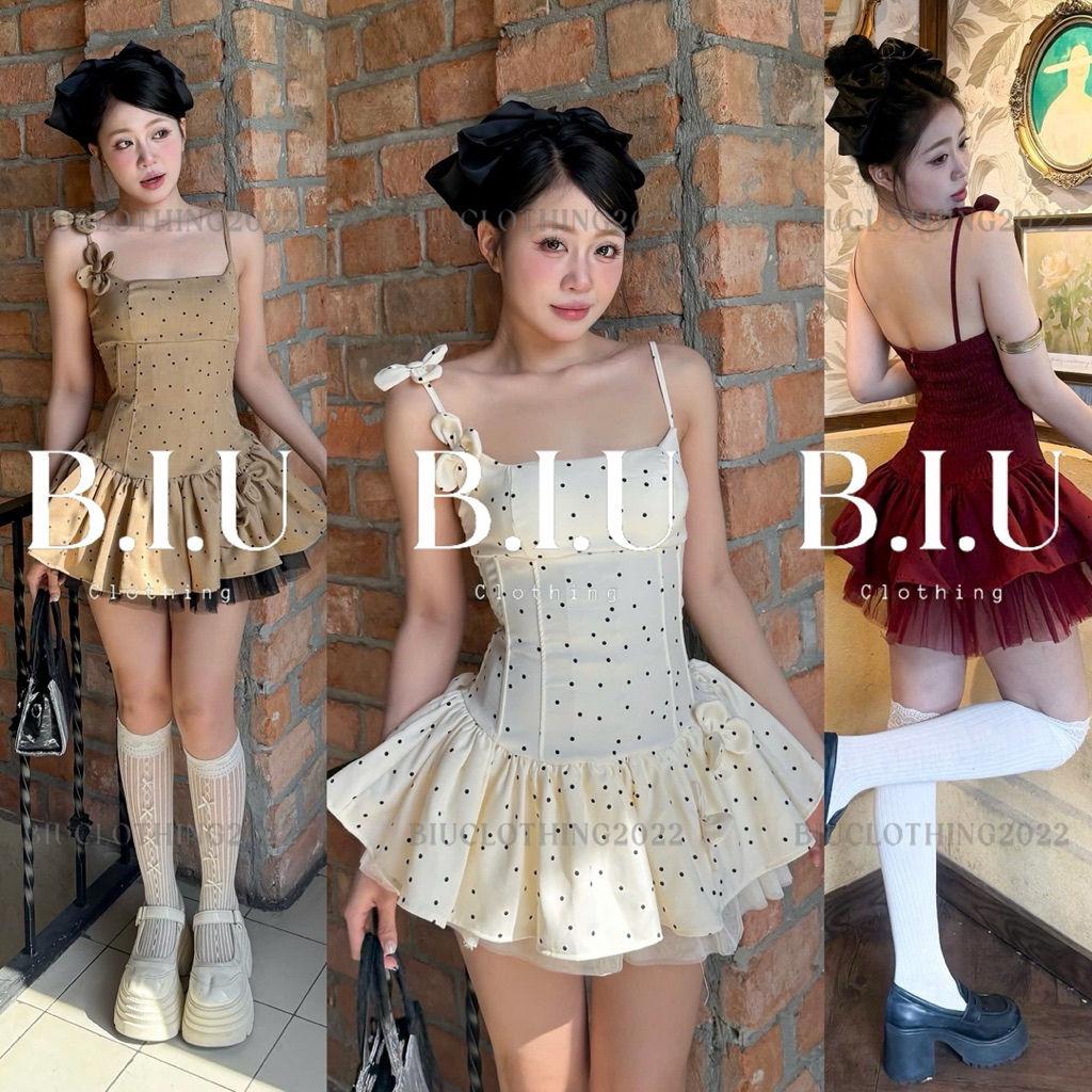 Đầm 2 dây đính hoa hoạ tiết chấm bi phối tà lưới xoè nữ tính sang chảnh Sher Dress Biu Clothing BB0524 | BigBuy360 - bigbuy360.vn