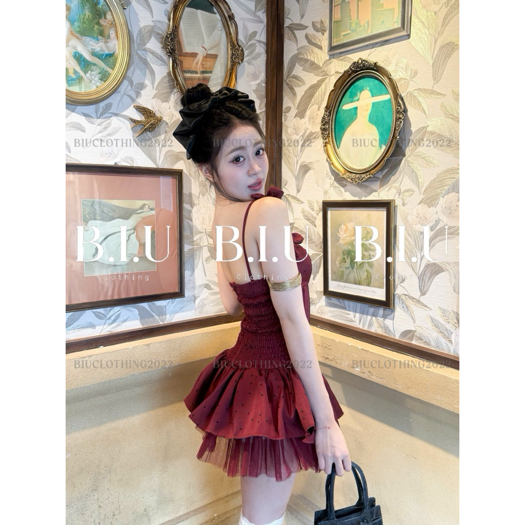 Đầm 2 dây đính hoa hoạ tiết chấm bi phối tà lưới xoè nữ tính sang chảnh Sher Dress Biu Clothing BB0524 | BigBuy360 - bigbuy360.vn