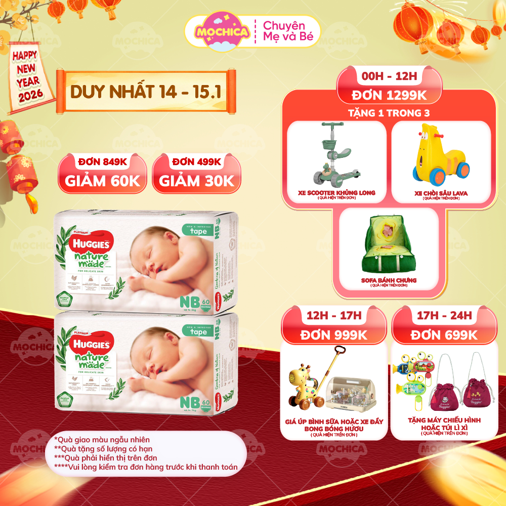 LIVE X-Bỉm dán quần HUGGIES Platinum Nature Made size NB60_Mochica