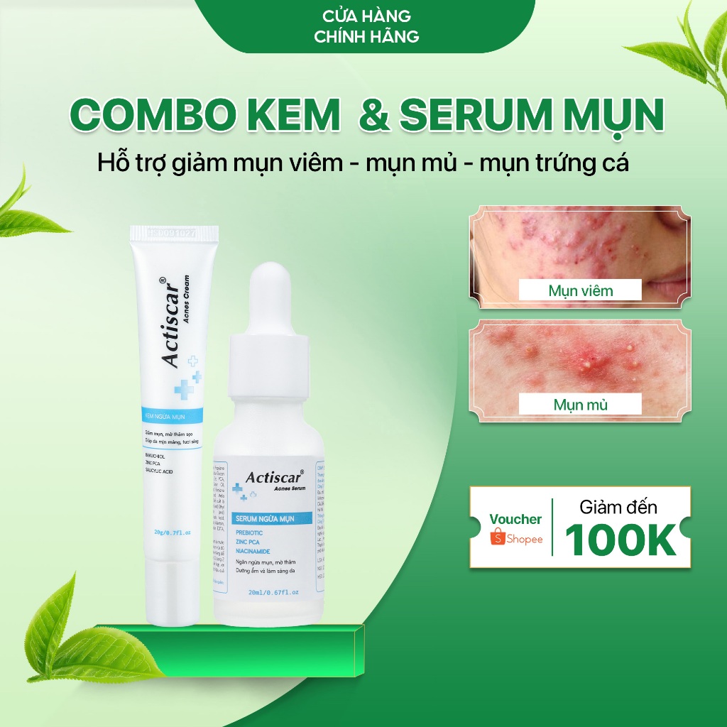Combo Kem Chấm Mụn + Serum Mụn, Miếng Dán Mụn Actiscar Acnes, Giảm Mụn Sưng Viêm, Hỗ Trợ Mụn Ẩn, Mụn
