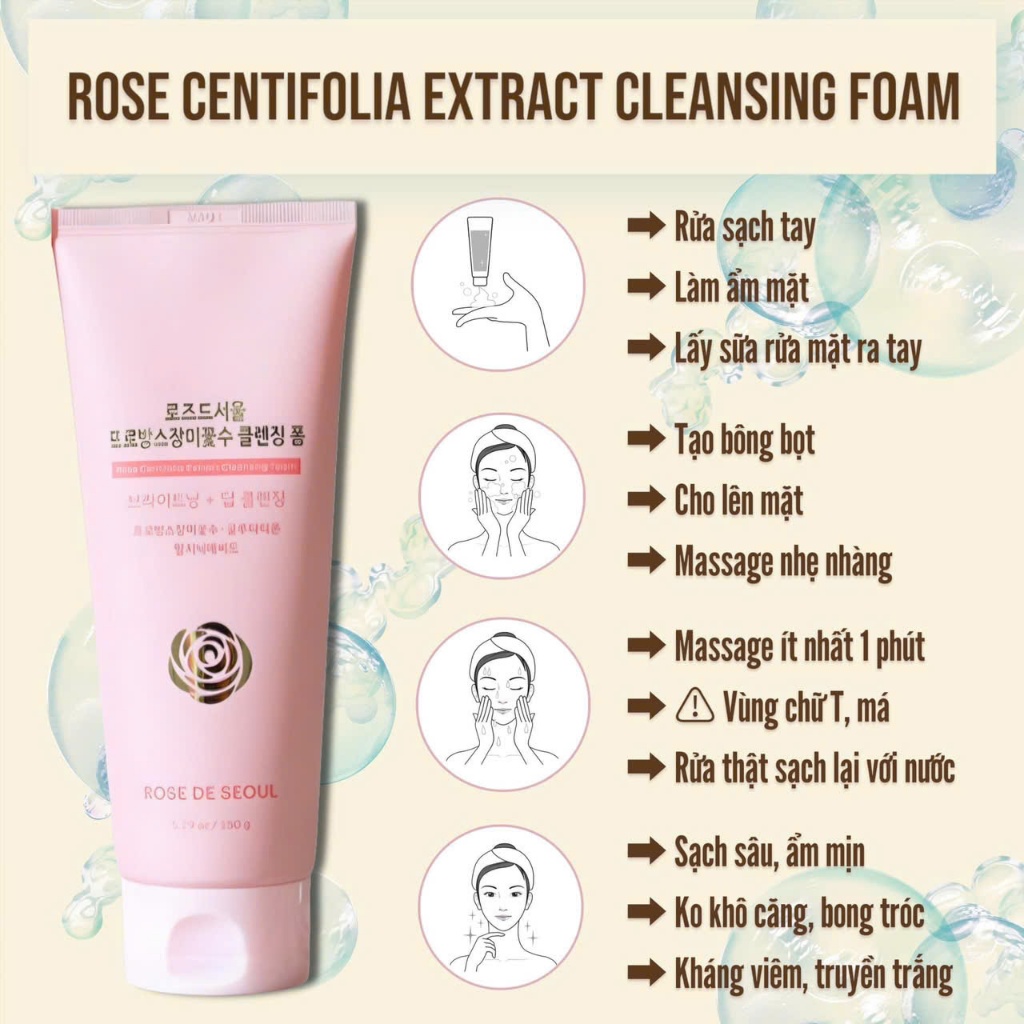 Sữa rửa mặt rose de seoul rose centifolia extract cleansing foam 150g – hạn 2028 Hàn Quốc GA1