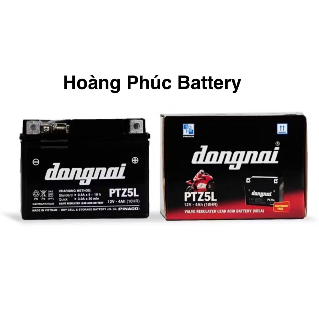 Bình acquy xe máy khô miễn bảo dưỡng Đồng Nai PTZ5L | 12V - 4Ah, ắc quy xe máy honda 12v.
