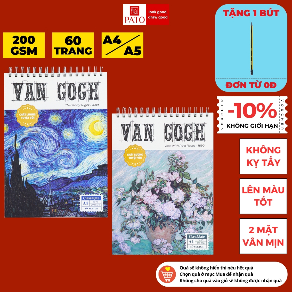 Sổ Vẽ Sketchbook 200GSM Van Gogh Không Kị Tẩy, Lên Màu Tốt Sổ Vẽ Phác Thảo A4 A5 60 Trang Vẽ Chì Màu