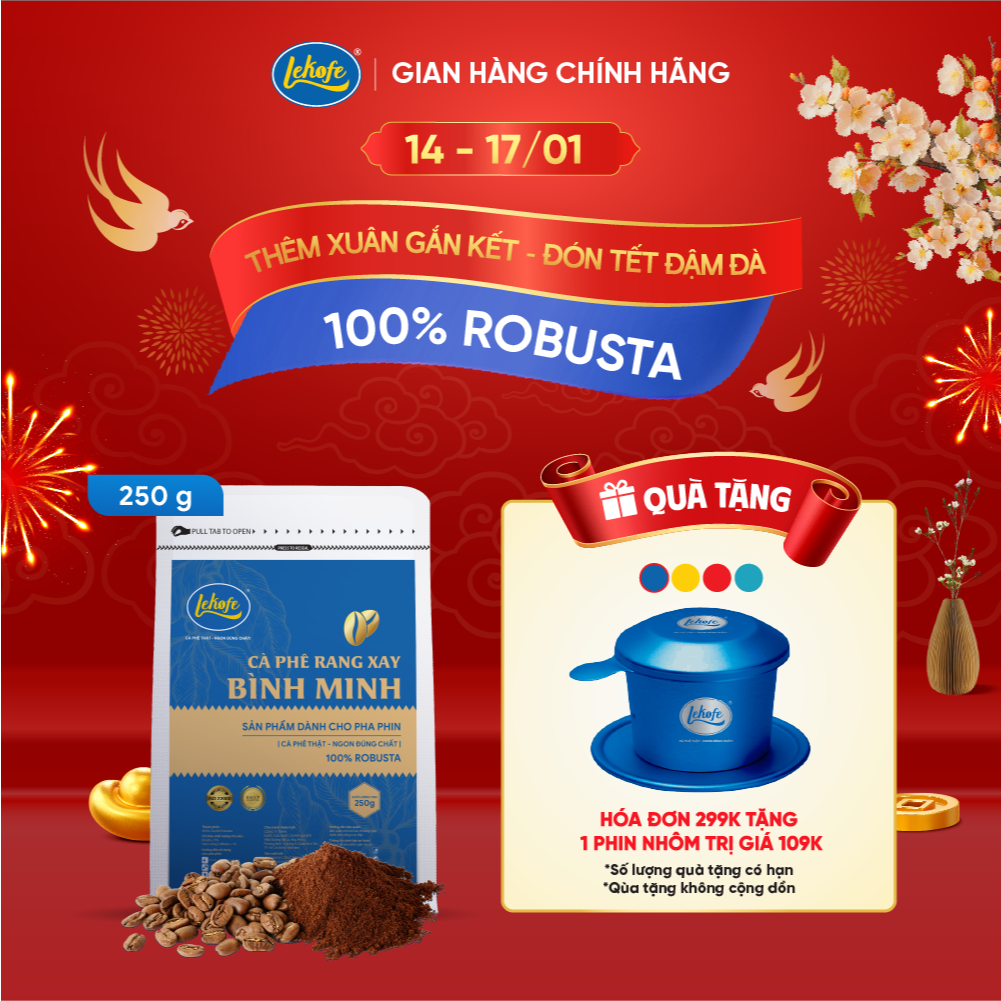 Cà phê rang xay Bình Minh Lekofe 100% Robusta Đắng - Đậm - chát nhẹ Túi 250g