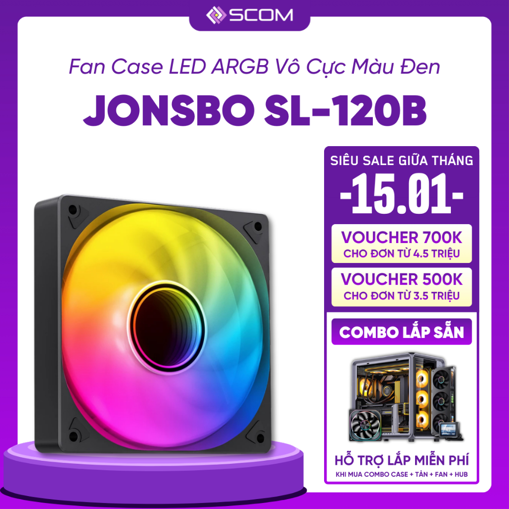 Quạt Tản Nhiệt Fan PC Jonsbo SL-120B Quạt Xuôi Màu Đen 120 LED ARGB Sync Main Sync Hub