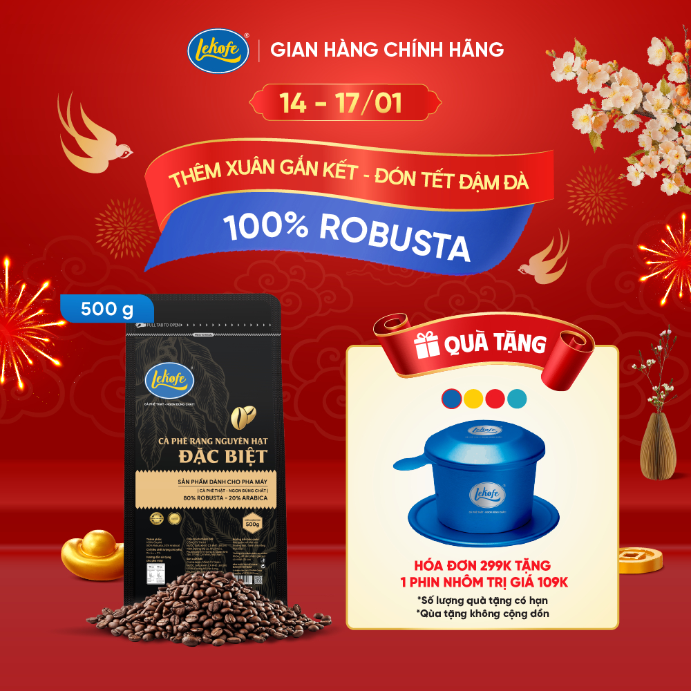 Cà phê nguyên hạt Đặc Biệt Lekofe 80% Robusta 20% Arabica Đắng - Đậm - chua nhẹ Túi 500g