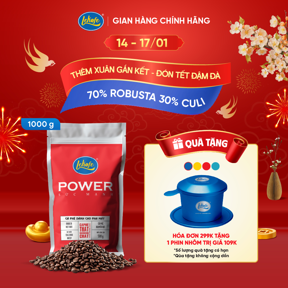 Cà phê nguyên hạt Sức Mạnh Lekofe 70% Robusta 30 Culi Đậm - Thơm - nồng ngon Túi 1000g