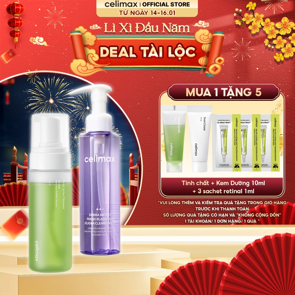 [COMBO 150ml + 155ml] Dầu Tẩy Trang Celimax Jojoba + Sữa Rửa Mặt Tạo Bọt Celimax The Real Noni
