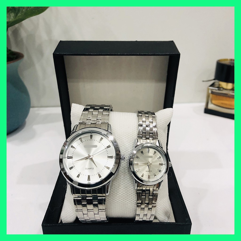 Đồng hồ đôi cặp nam nữ giá 1 đôi chống nước dây kim loại màu bạc