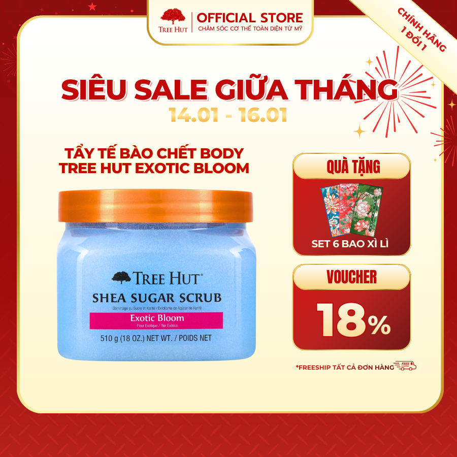Tẩy tế bào chết body Tree Hut Exotic Bloom Shea Sugar Scrub, dưỡng da mềm mại 510gr