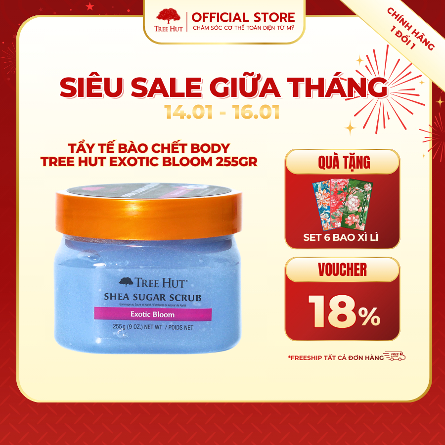 Tẩy tế bào chết body Tree Hut Exotic Bloom Shea Sugar Scrub, dưỡng da mềm mại 255gr