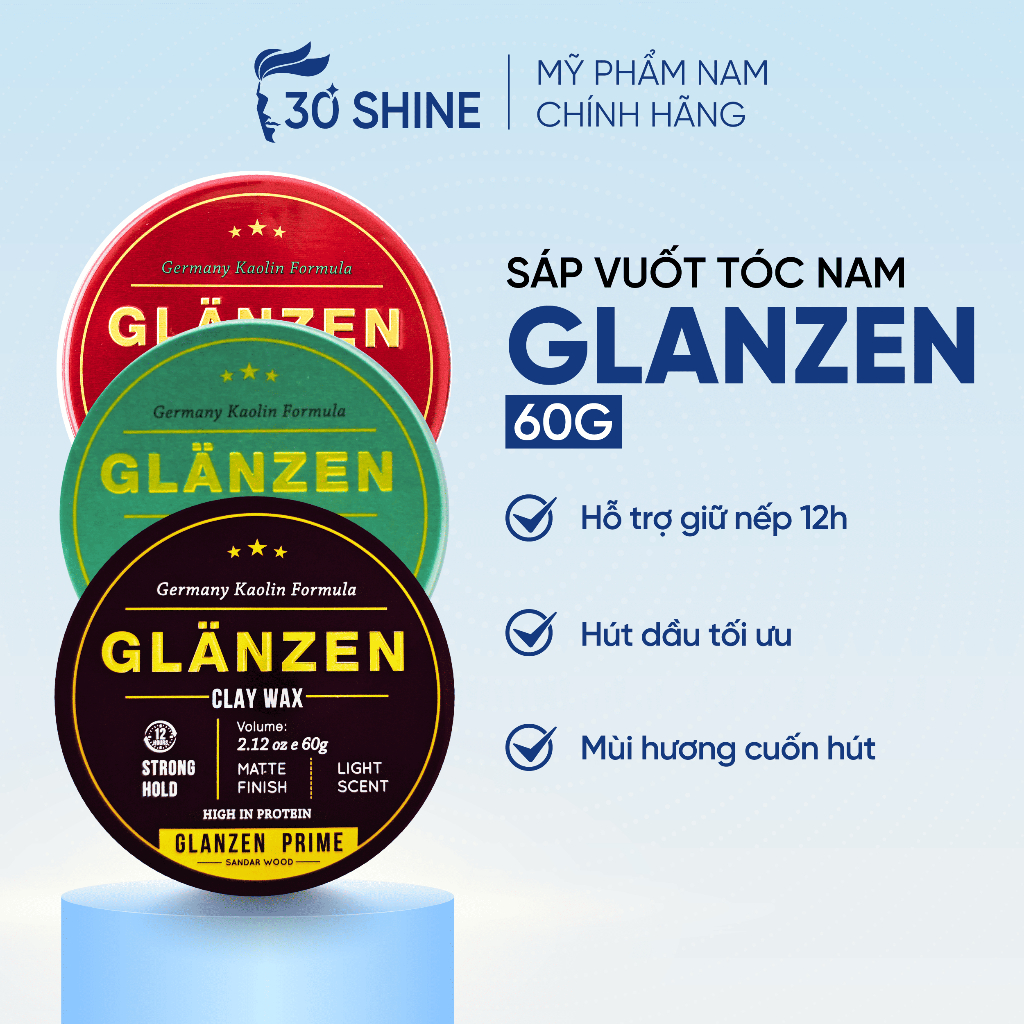 Sáp vuốt tóc nam GLANZEN 30Shine phân phối chính hãng 60g tạo kiểu cực chất không bóng giữ nếp 24h