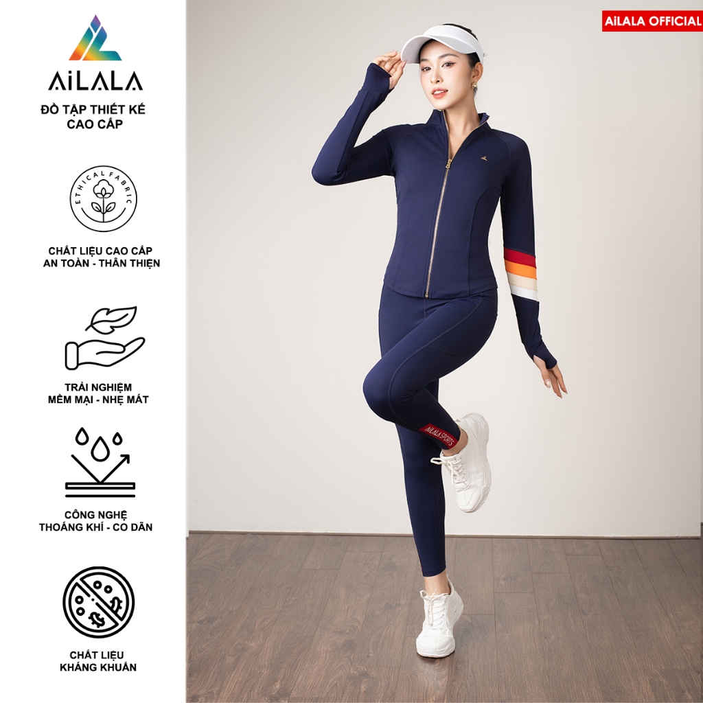 Bộ Tập Yoga Gym Thể Thao Nữ Áo Khoác Xỏ Ngón Quần Lưng Cao Hàng Hiệu AiLALA AK04B