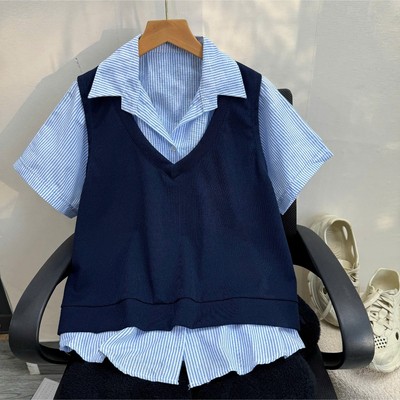 Set 2 Món Bigsize Nữ Áo Sơ Mi Kẻ Sọc Tay Ngắn Kèm Áo Ghile Cá Tính Cho Chubby SM184+A335