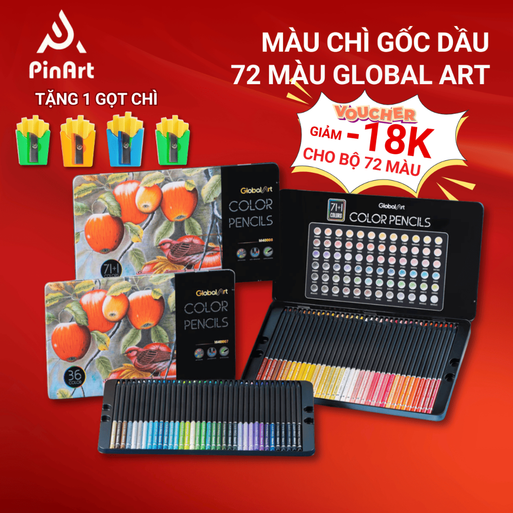 Bút Chì Màu GLOBAL ART Gốc Dầu 72 Màu Cao Cấp Hộp Thiếc Vẽ Thiết Kế Phác Họa Tô Màu Truyện Tranh