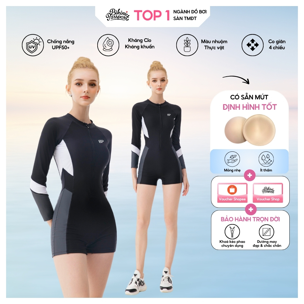 Đồ bơi một mảnh nữ bigsize tay dài bảo vệ da đi biển - Bikini Passport - BS403_BL