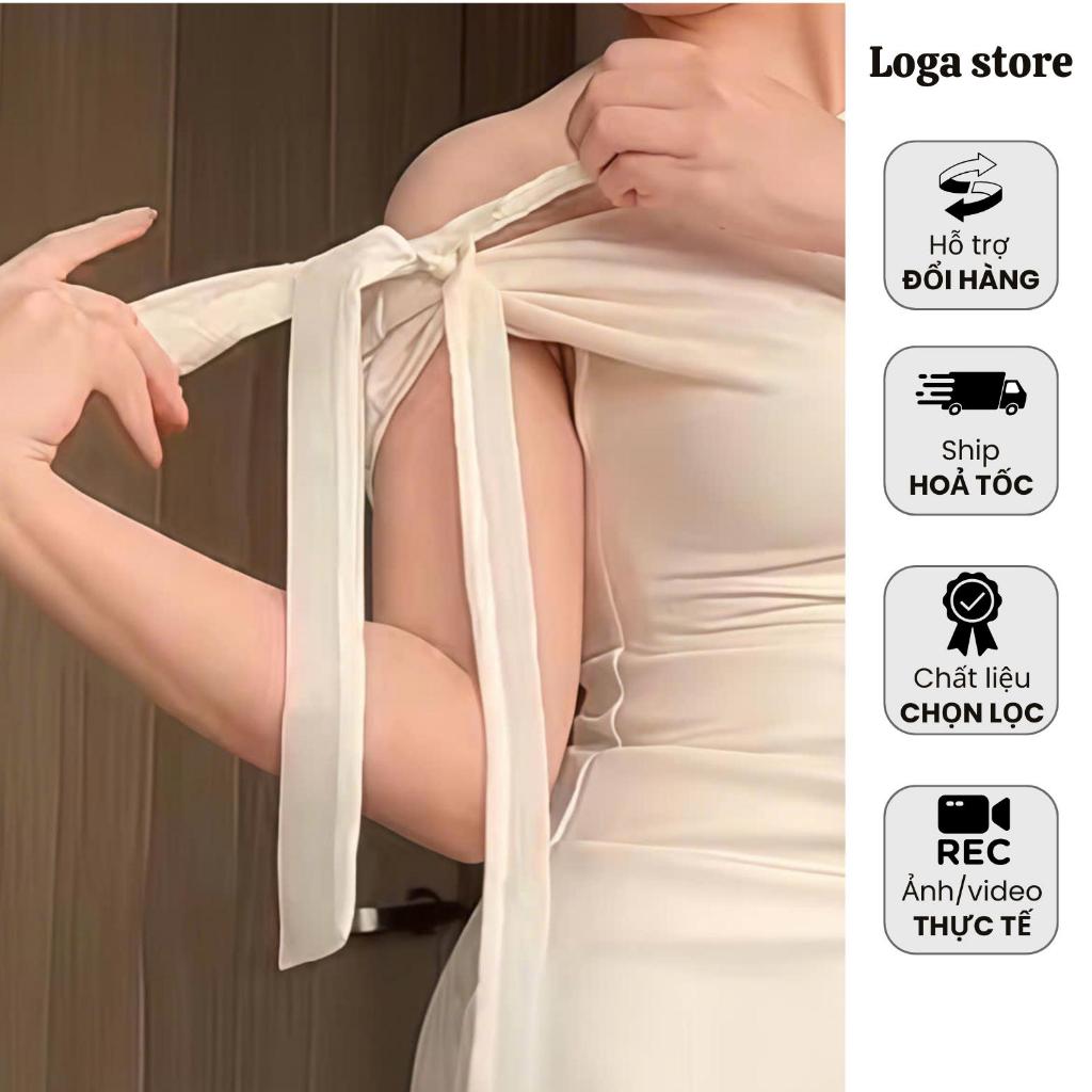 [ Quà Tặng ] Dây Nơ Buộc Vai Kèm Đầm Nhẹ Nhàng Nữ Tính 2 Màu Kem Đen Phong Cách Nữ Tính Loga store