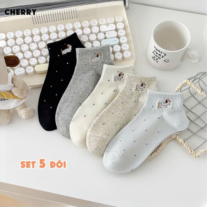 Tất cổ ngắn CHERRY họa tiết thêu dễ thương, set 5 đôi phong cách Hàn Quốc - Cherry Shop