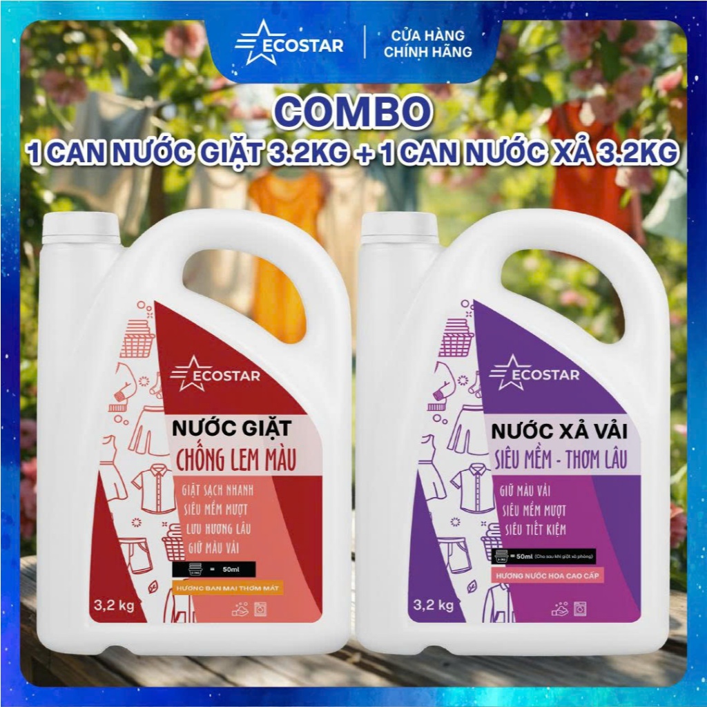 Bộ đôi Giặt Xả Ecostar 3,2kg: Nước Giặt Chống Lem Màu, Nước Xả Vải Siêu Mềm Mượt Lưu Hương