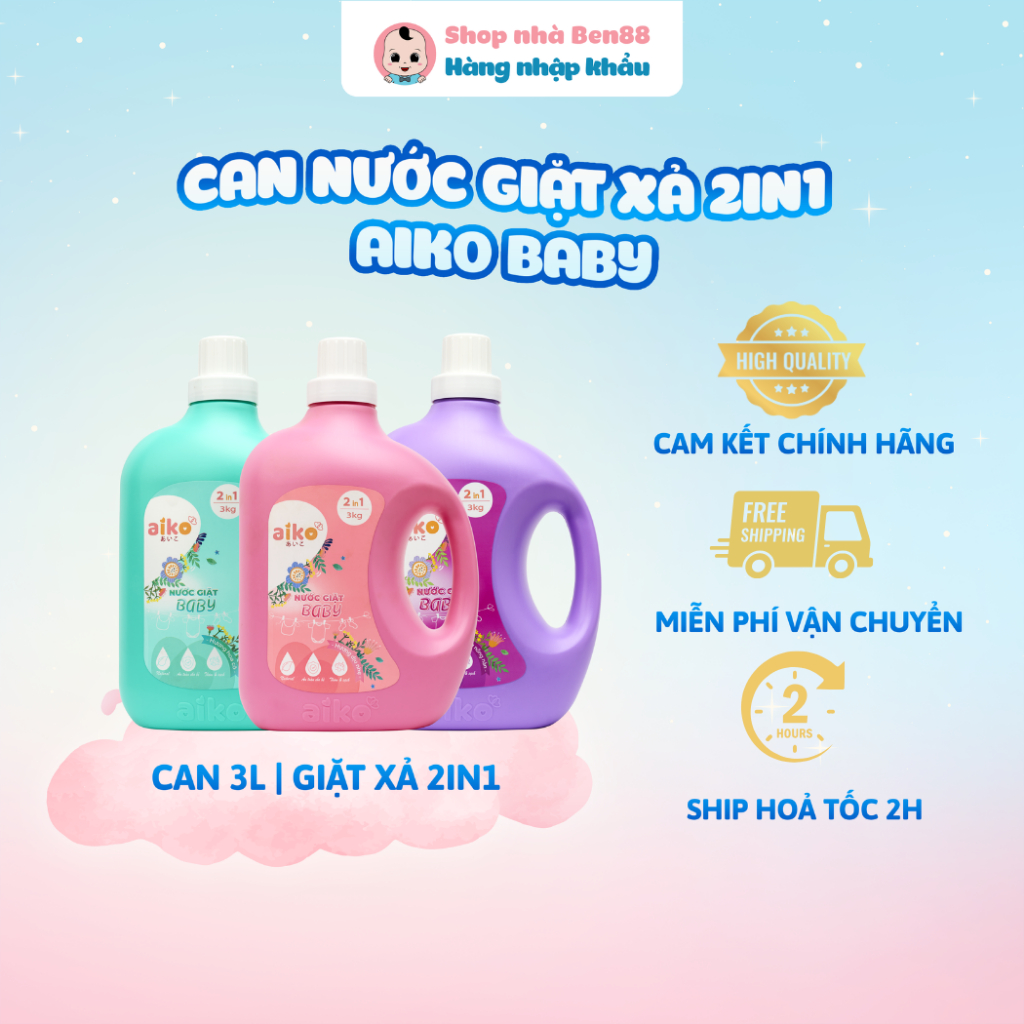 Nước Giặt Xả 2in1 Baby Aiko Can 3L – Hương Dịu Nhẹ/Hoa Cỏ/Nồng Nàn – Sạch Mềm, An Toàn Cho Da Bé