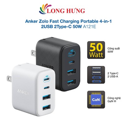 Cốc sạc Anker Zolo Fast Charging Portable 4-in-1 2USB 2Type-C 50W A121E - Hàng chính hãng