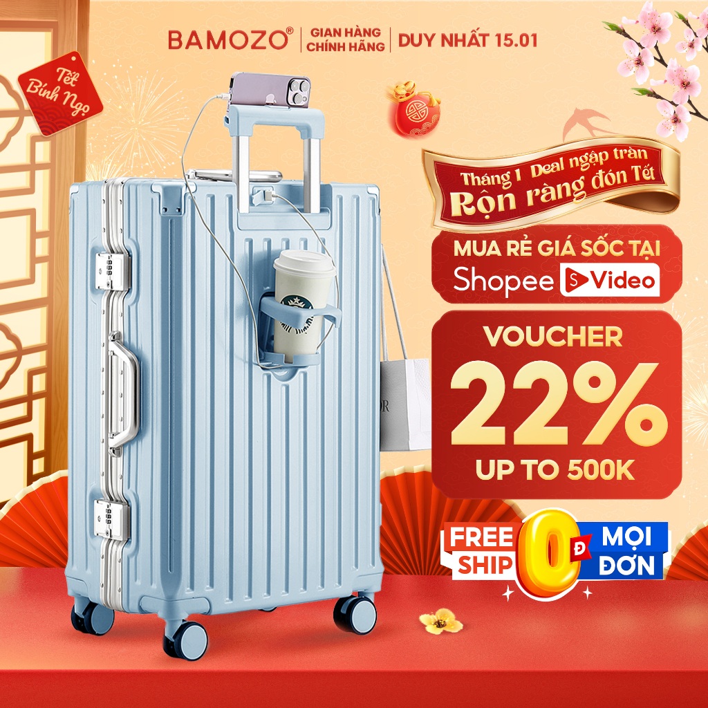 Vali du lịch Khung nhôm Bamozo Size 20/24/28 chống xước, có khóa sập, bo góc chống va đập_9066