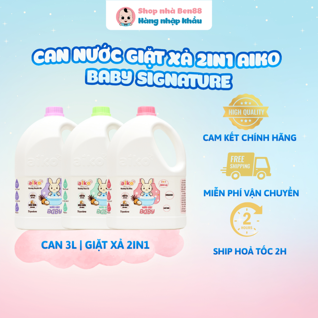 Nước Giặt Xả 2in1 Baby Aiko SIGNATURE Can 3L – Công Nghệ Sinh Học Nhật Bản – Dịu Nhẹ/Hoa Cỏ/Quyến Rũ