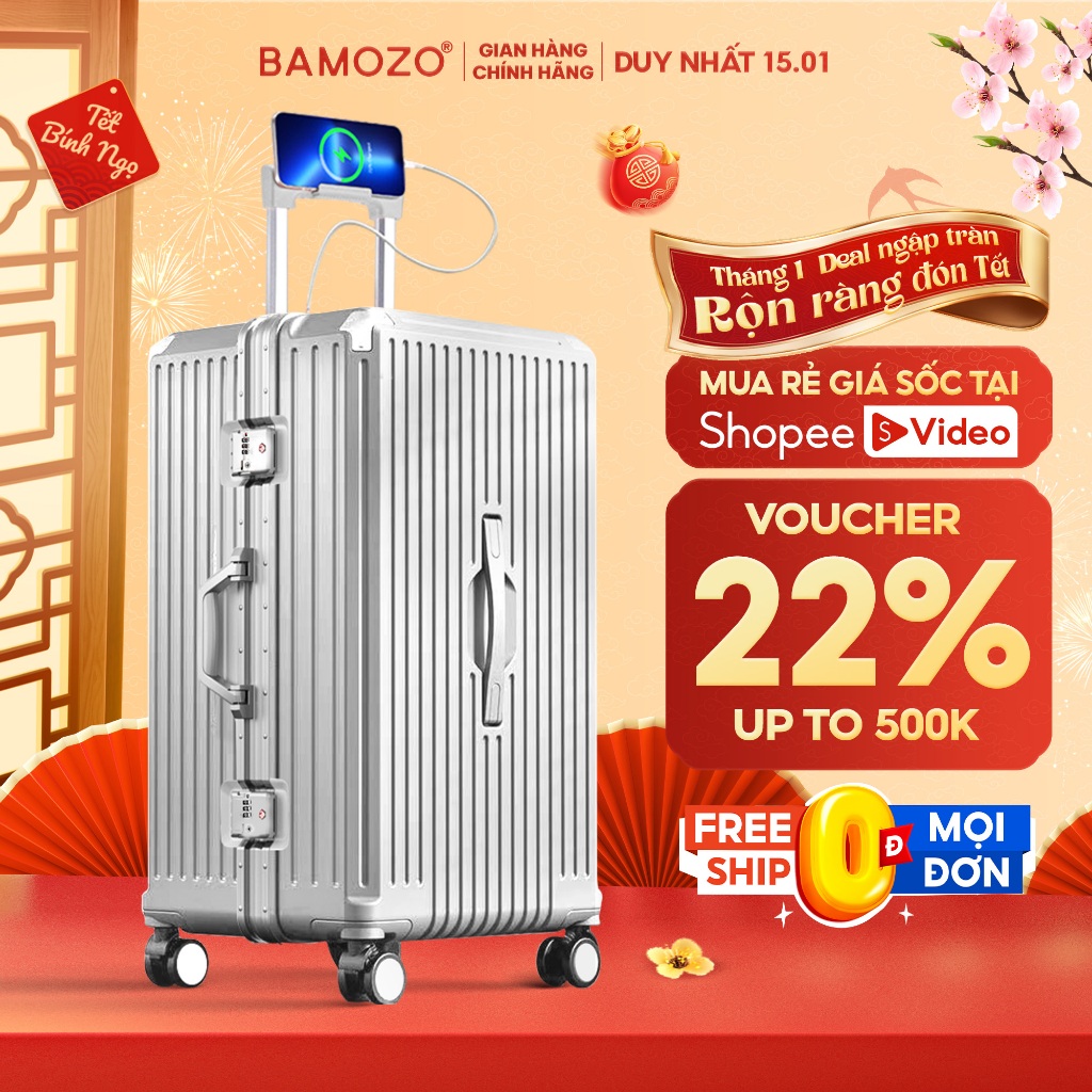 Vali Khung Nhôm Khóa Sập Bamozo Size 22/24/28 Cao Cấp Tăng Sức Chứa Hành Lý - Bảo Hành 10 Năm_ULTRAP