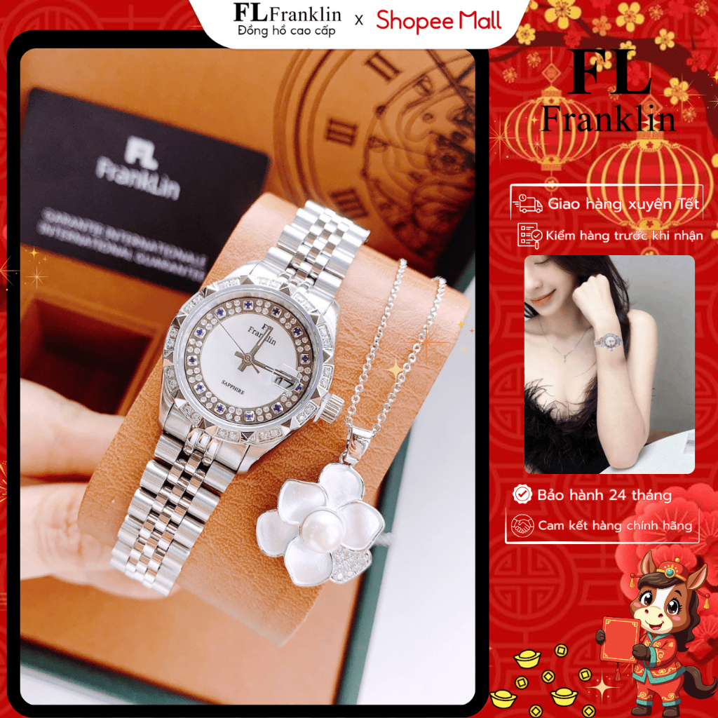 Đồng Hồ Đính Đá FL FRANKLIN FL8686 Ngọc Trai Thời Trang Hàn Quốc Chống Thấm Nước Chống Xước Cho Nữ