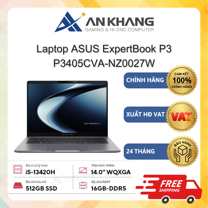 Laptop ASUS ExpertBook P3 P3405CVA-NZ0027W ( i5-13420H, 16GB, 512GB, 14" WQXGA_IPS, Win11) Chính hãn