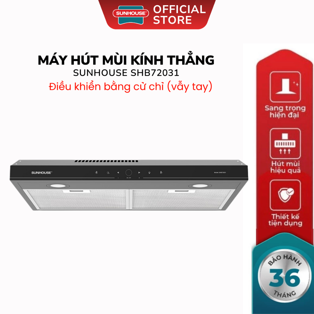 Máy Hút Mùi Kính Thẳng Sunhouse SHB72031 - Bảo Hành 36 Tháng, Công Suất 600m3/h, Điều Khiển Vẫy Tay
