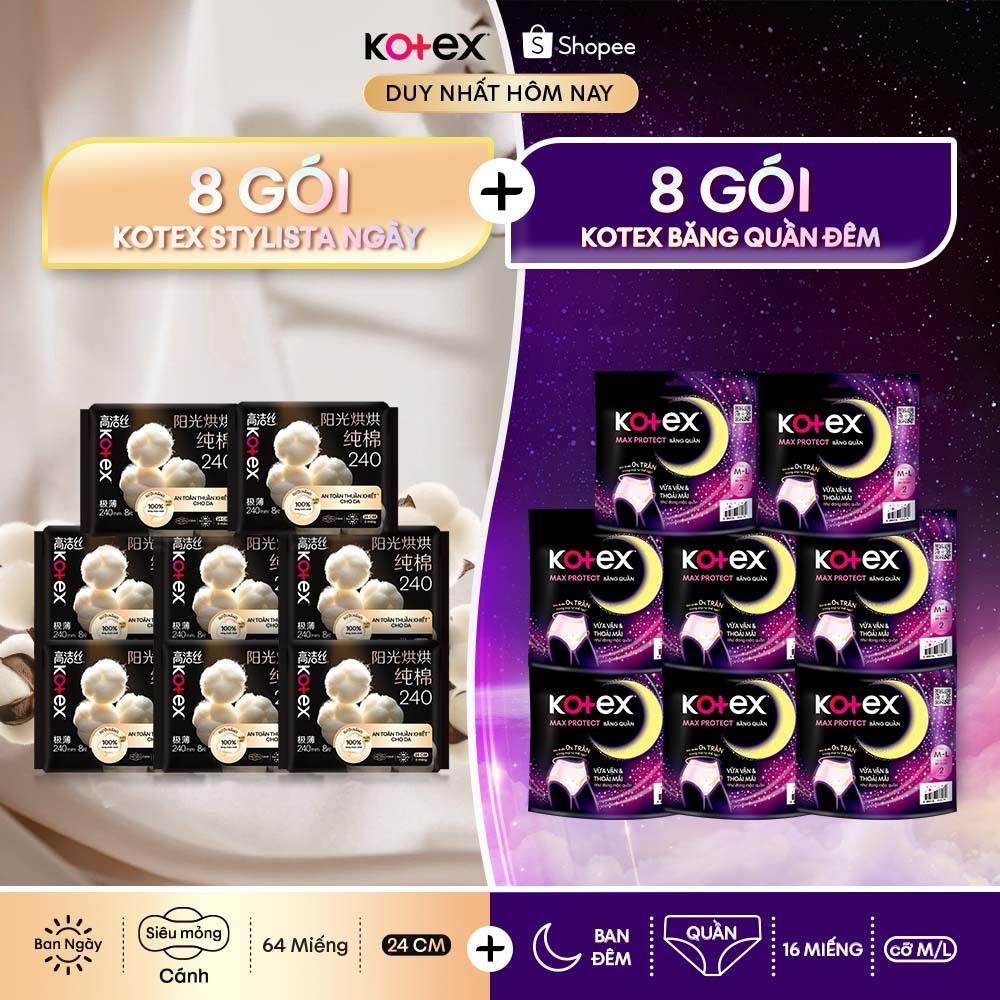 Combo 16 gói băng vệ sinh siêu tiết kiệm:8 gói Kotex Cotton bông thuần khiết + 8 gói băng quần Kotex