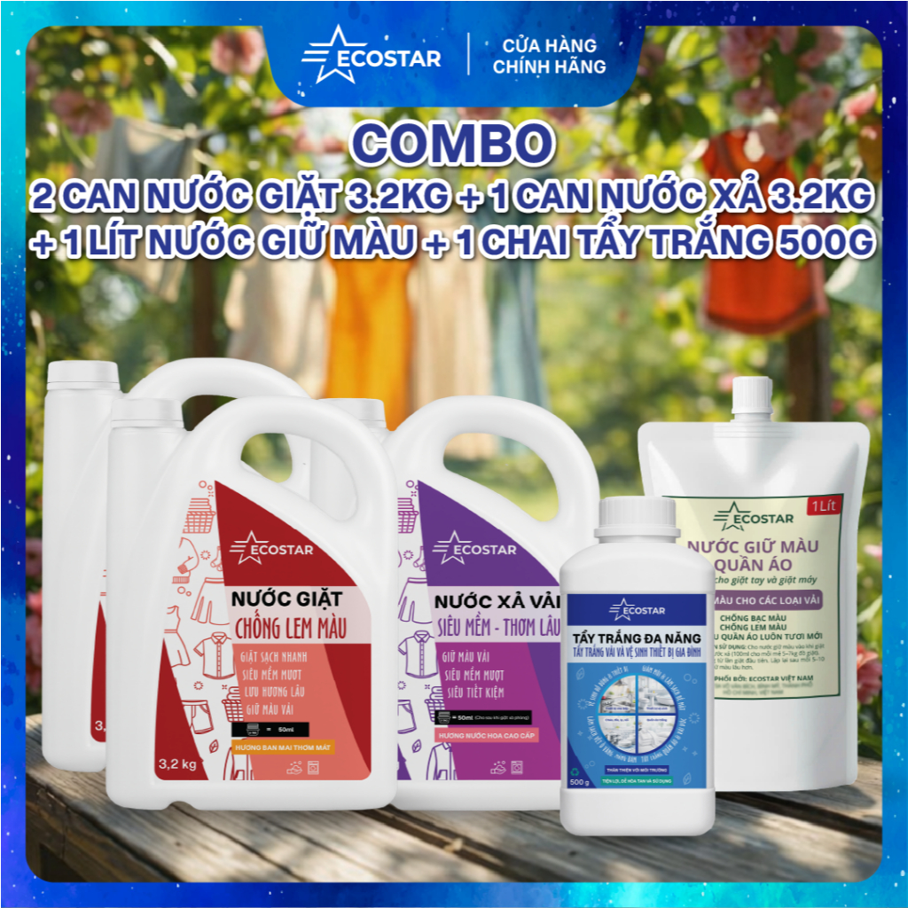 Combo giặt xả: 2 Can Giặt 3.2kg, Nước Giữ Màu 1L, Nước Xả Vải 1L, Bột Tẩy Đa Năng (Giải Pháp Chăm Só