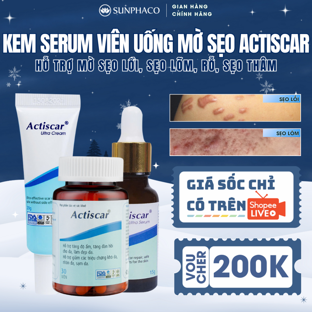 [COMBO 3] Kem, Serum Và Viên Uống Mờ Sẹo Actiscar Làm Mờ Sẹo Lồi, Sẹo Lõm, Thâm Lâu Năm