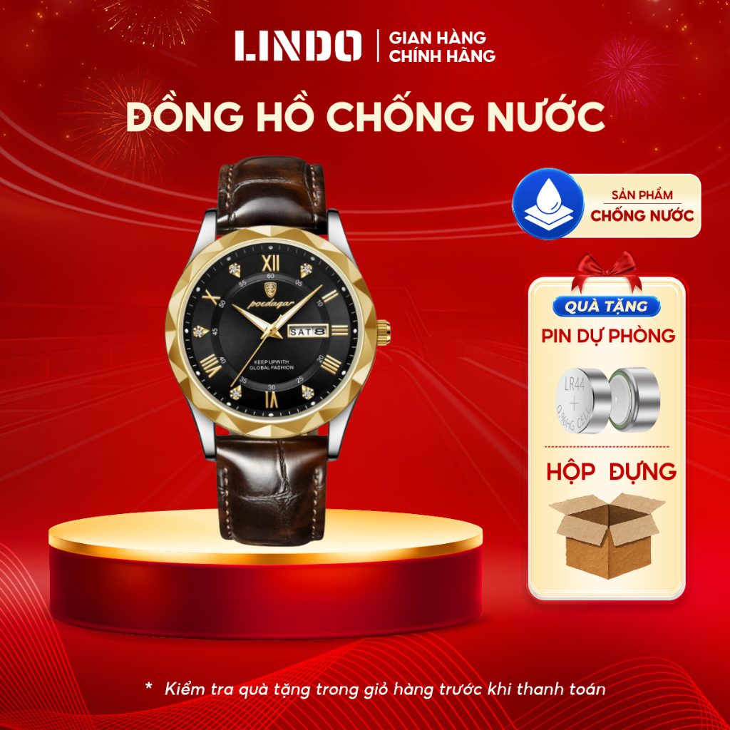 Đồng hồ nam dây da chính hãng POEDAGAR P615 chống nước chống va đập sang trọng