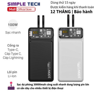 Sạc Dự Phòng 30000mAh, Sạc Nhanh 120W và PD 20W Tích Hợp 2 Dây Sạc Cho Nhiều Thiết Bị - SẠC LED 120W