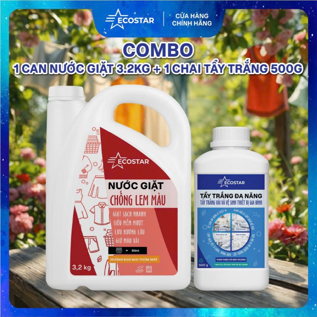 Bộ Giải Pháp Sạch Sâu Ecostar: Nước Giặt 3.2kg Chống Loang Màu, Bột Tẩy Trắng Phục Hồi Vải 500g