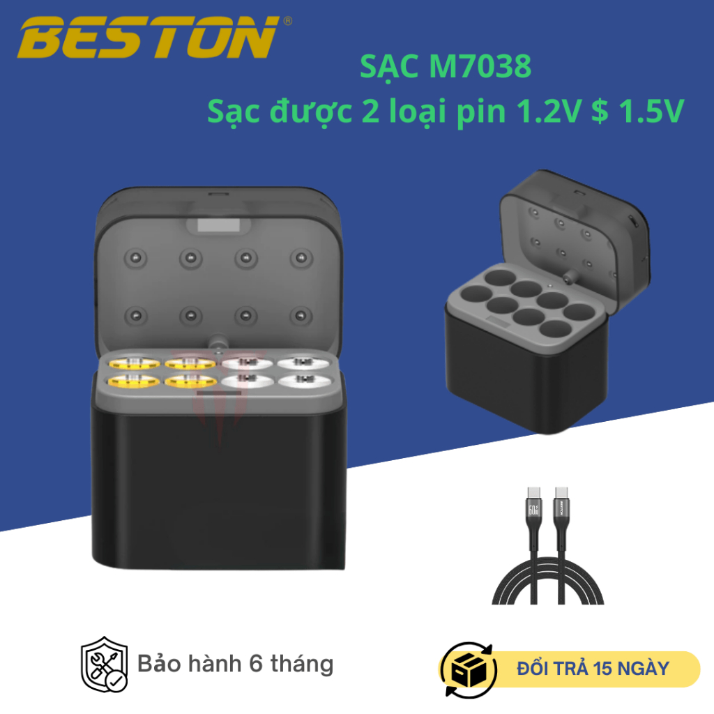 Hộp sạc pin M7038,Beston dành cho cả pin AA 1.2V và 1.5V đèn thông báo sạc tiện lợi dể theo dõi