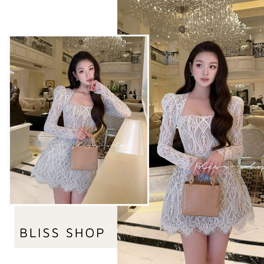 [Thiết Kế Cao Cấp] Đầm Váy Ren Form Ngắn Tay Dài Chiết Eo Tôn Dáng Sang Chảnh Dự Tiệc  Bliss Shop - 