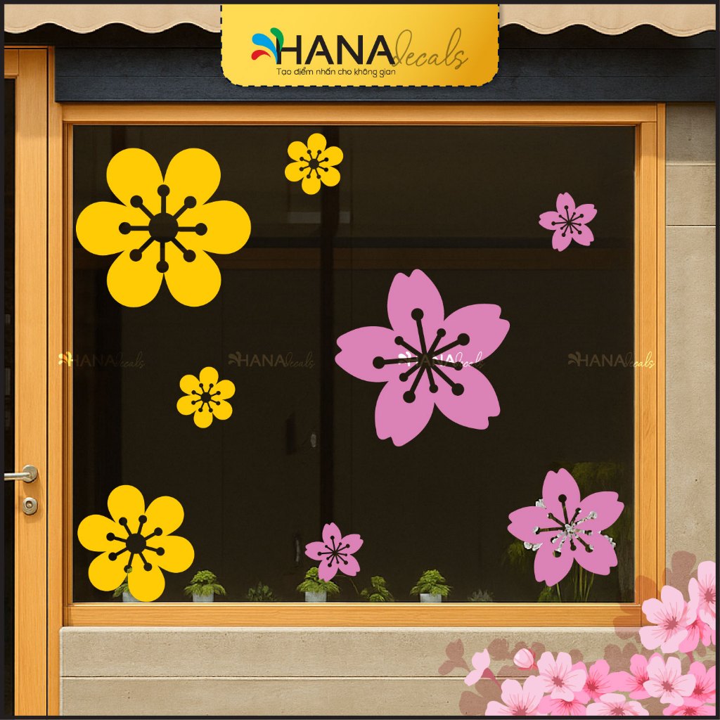 Decal Trang Trí Cửa Kính Hoa Mai Hoa Hồng Tết Decor Cửa Hàng - Hana Decals