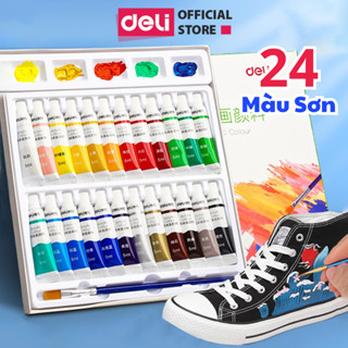 [HỌA CỤ DELI- TẶNG CỌ] Màu Nước Acrylic Dạng Tuýp 5ml Kèm Cọ Khay Màu Tô Tượng Vẽ Giày Túi Tote Tô Tượng Đất Sét Tự Khô