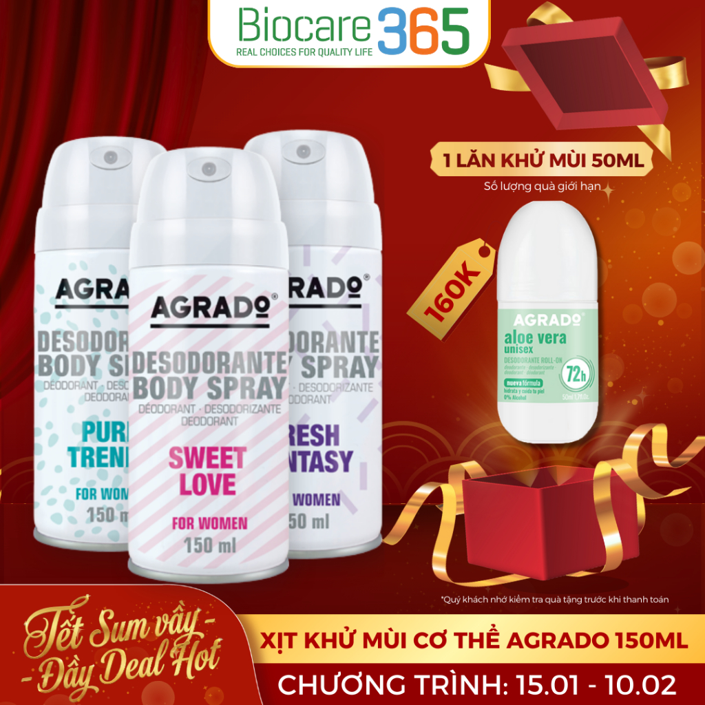 Xịt khử mùi body nữ Agrado hương nước hoa Sweet Love / Pure Trendy / Fresh Fantasy (Chai 150ml)