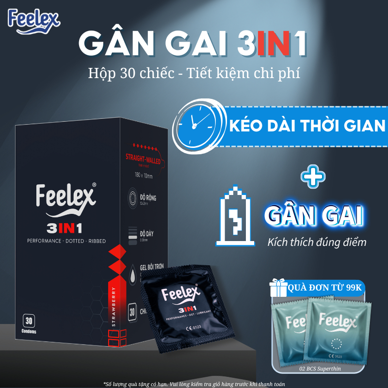 Bao cao su Feelex gân gai 3in1 kéo dài thời gian, gia tăng khoái cảm, siêu mỏng, hộp 10 bcs