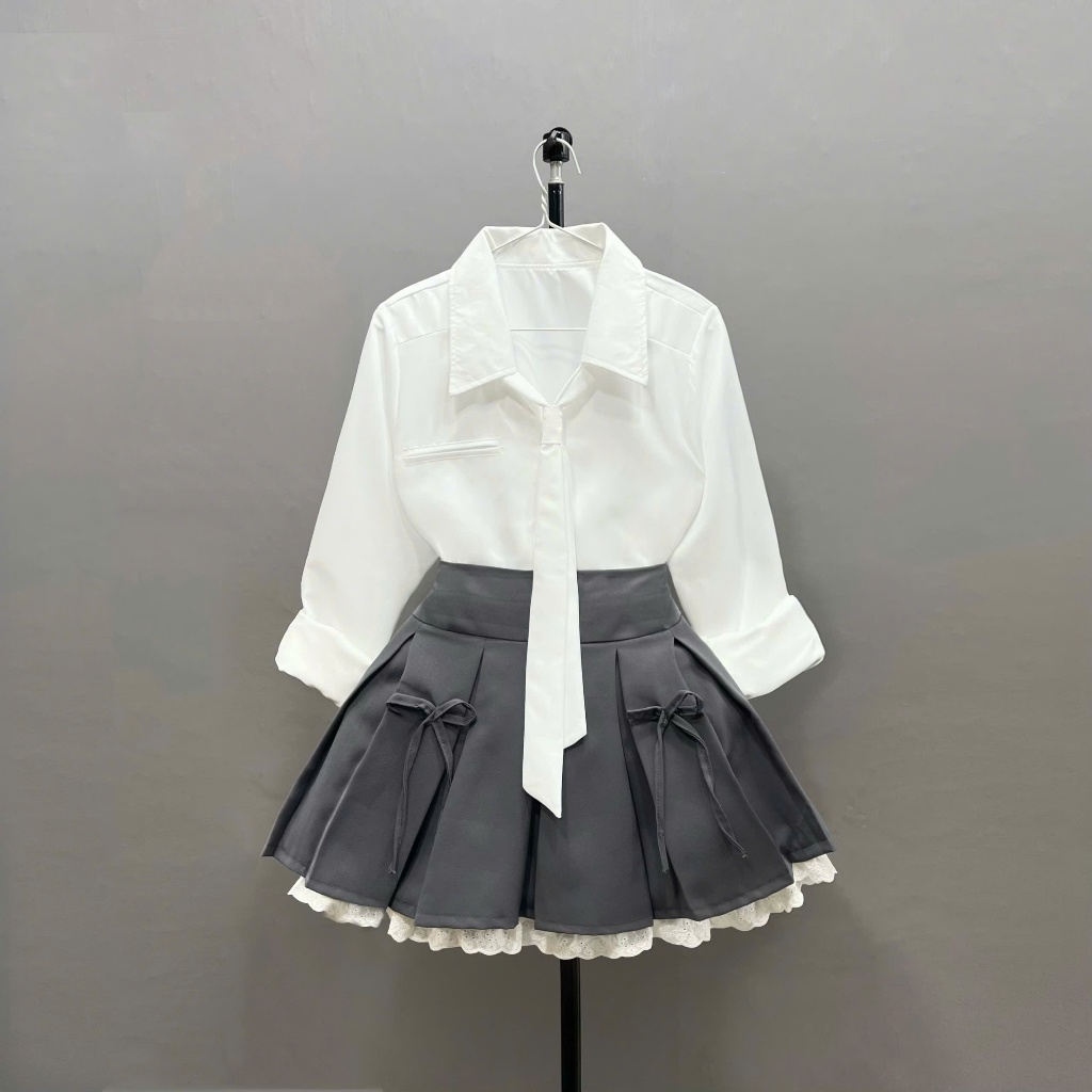 Set bigsize nữ áo sơ mi kiểu công sở phối chân váy tennis xếp ly có lớp trong điệu đà che khuyết điểm - SET973