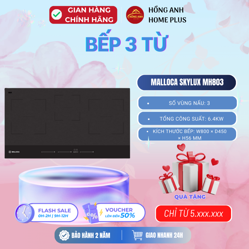Bếp từ thông minh Malloca Skylux MH803 âm 3 vùng nấu kính EuroKera Double Black tổng công suất 6.4kW