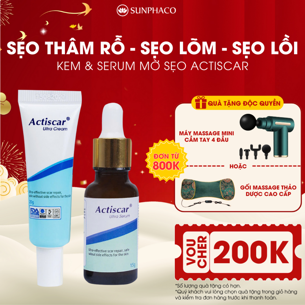 Combo kem serum và viên uống mờ sẹo Actiscar làm mờ sẹo lồi, sẹo lõm, sẹo rỗ, sẹo thâm lâu năm