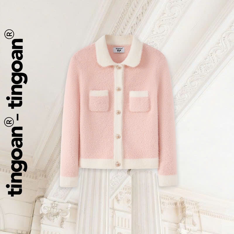 [KOL] TINGOAN® - Áo len lông bông xù hồng phối viền trắng dáng lửng phối cúc kim loại ISABELLA TOP/P