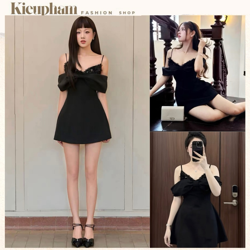 Váy Ngắn Trễ Vai “Tai Thỏ” Phối Kim Sa Bling – Đầm Đen Sang Trọng Tôn Dáng Đi Tiệc Bar Club Kieupham
